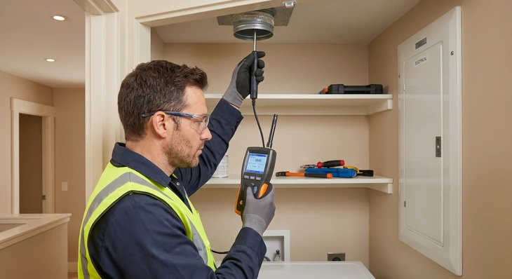 Ouvrier en combinaison à carreaux travaille dans les combles d'une habitation, installant ou réparant un système de ventilation