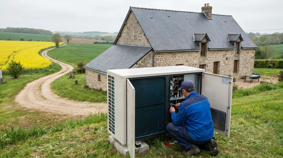 Technicien en climatisation travaillant sur une unité extérieure de pompe à chaleur installée sur terrasse résidentielle