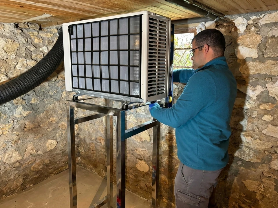 Technicien en tenue professionnelle (polo ou combinaison) effectuant la maintenance ou le diagnostic d'une pompe à chaleur installée en intérieur ou en extérieur, utilisant des outils de mesure ou d'intervention appropriés (manomètre, multimètre, tournevis), dans un cadre résidentiel ou professionnel, montrant précision et savoir-faire technique.