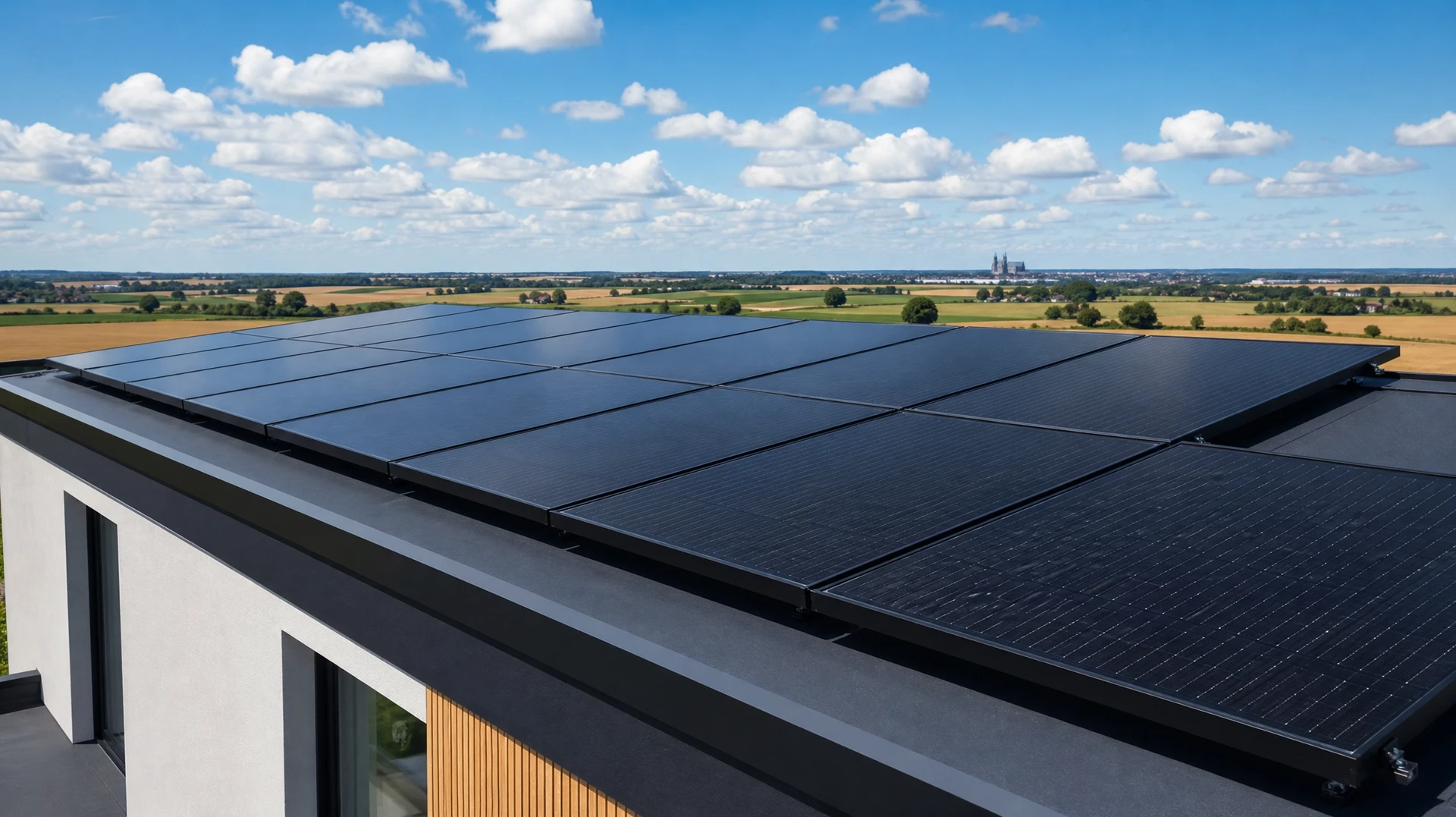 Extérieur résidentiel avec maison moderne équipée de panneaux solaires photovoltaïques noirs installés sur toiture en tuiles grises